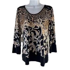 In Bloom by Jonquil Top Women Medium Black‎ Leopard Baroque Lace Back 3/4 Sleeve